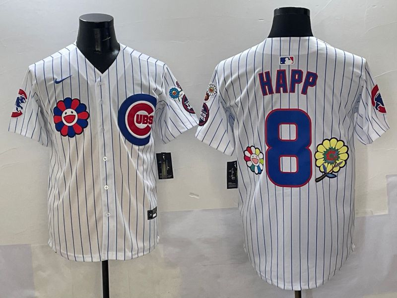 Men Chicago Cubs 8 Happ White Stripe Flower Edition 2025 Nike MLB Jersey style 2